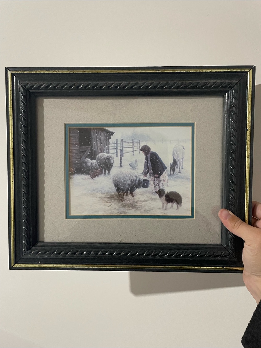 Framed Winter Farm Scene Wall Art - Black Frame, Beige Mat